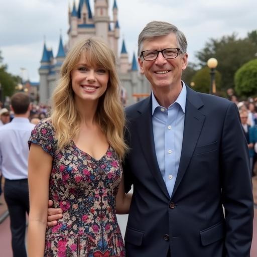 Taylor Swift and Bill Gates posing together at Disney World surrounded by crowds