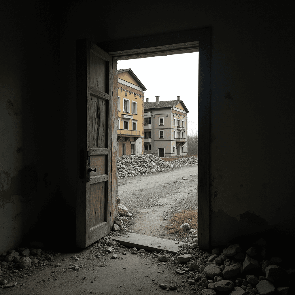 A view from a dark room through an open wooden door to a desolate street flanked by weathered buildings.