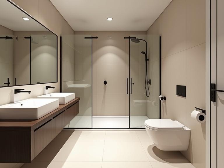 a standard small lavish luxurious bathroom features a walk-in shower in the center with a glass partition.