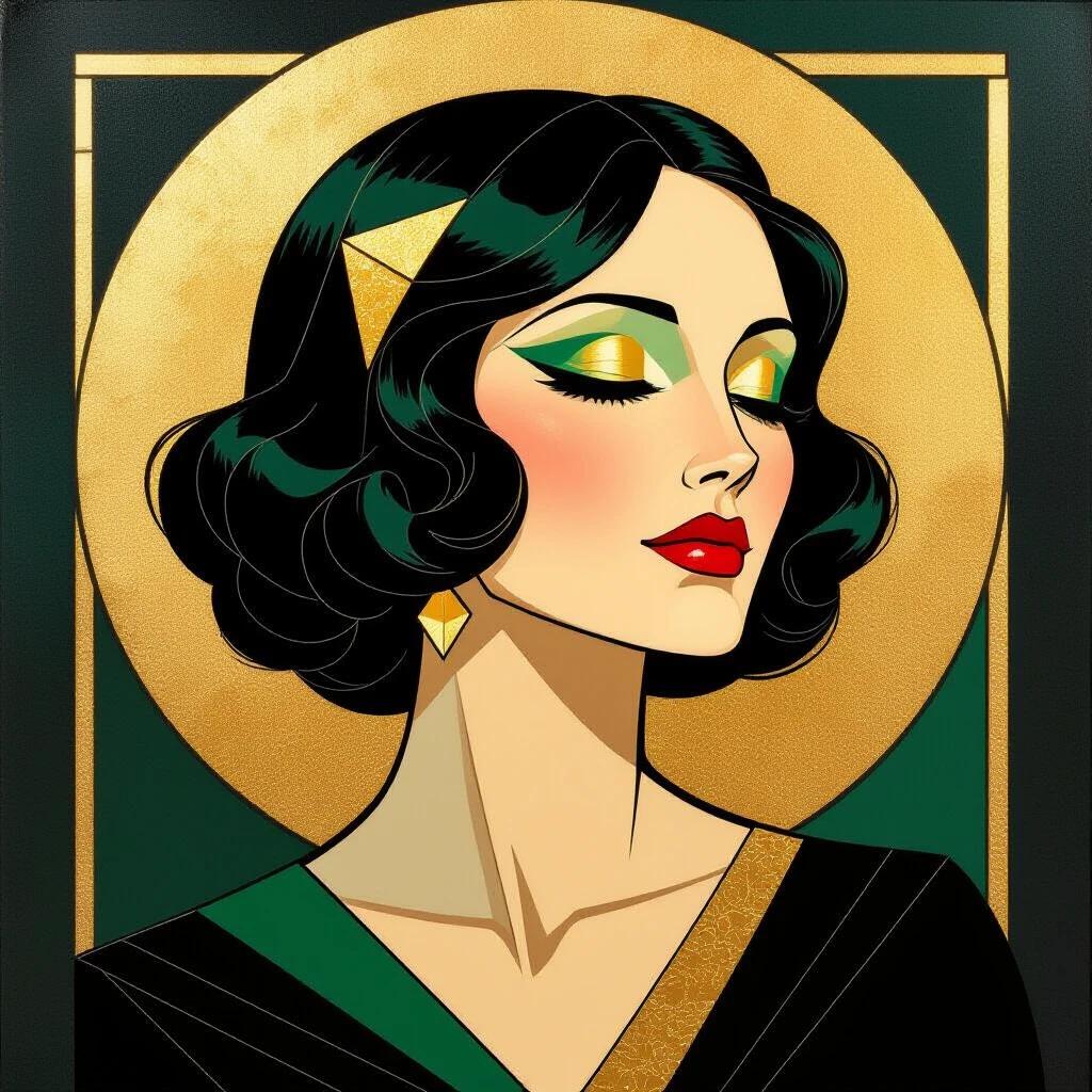 Art Deco portrait of a woman. Cubist angles and bold outlines. Metallic gold and emerald palette. Elegant hairstyle with geometric accessories. Minimalist background.