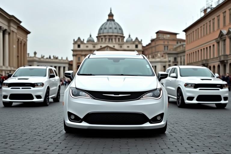 Image features white Chrysler Pacifica designed as a popemobile in St. Peter's Square. The Pacifica is flanked by a white Dodge Challenger Hellcat and a white Dodge Durango SRT Hellcat. Background includes historic architecture of the Vatican.