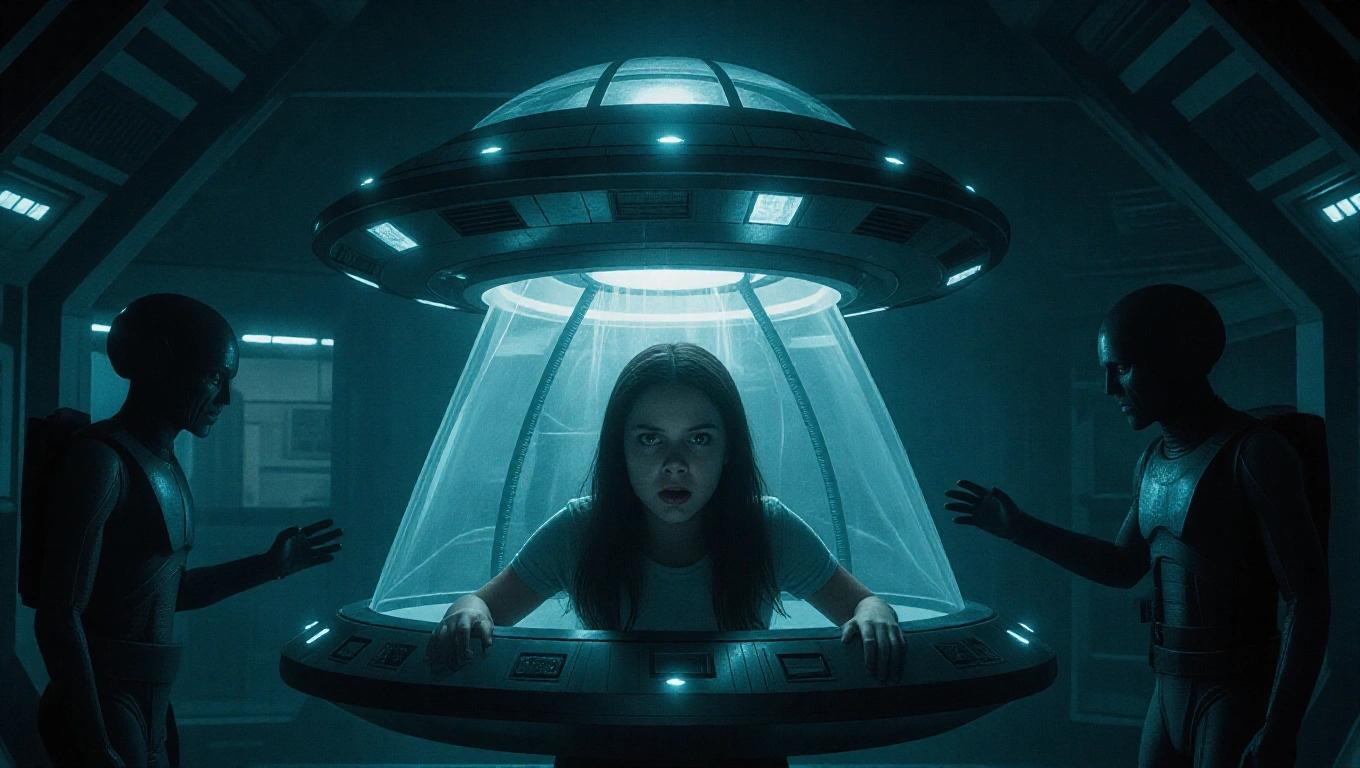 Photo depicting a high-stakes scene in a sci-fi horror movie featuring a frightened girl inside a UFO being probed by aliens. Dark dramatic atmosphere with glowing lights.