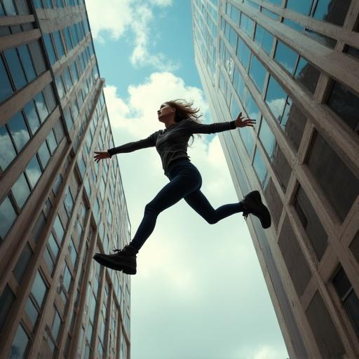 Dynamic Urban Photography of a Woman Leaping Off a Tall Building in Extreme Perspective