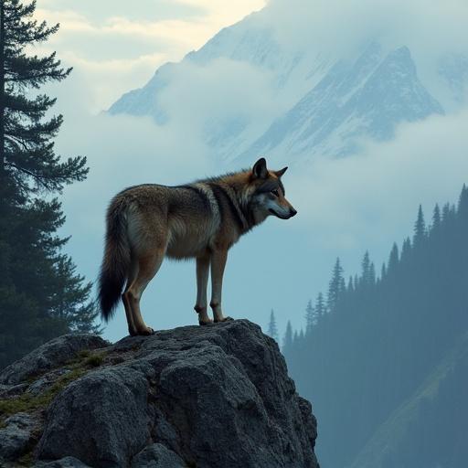 Wolf on a rocky outcrop near mountains and trees. Misty atmosphere in the background with cloudy skies. Wolf appears alert and majestic.