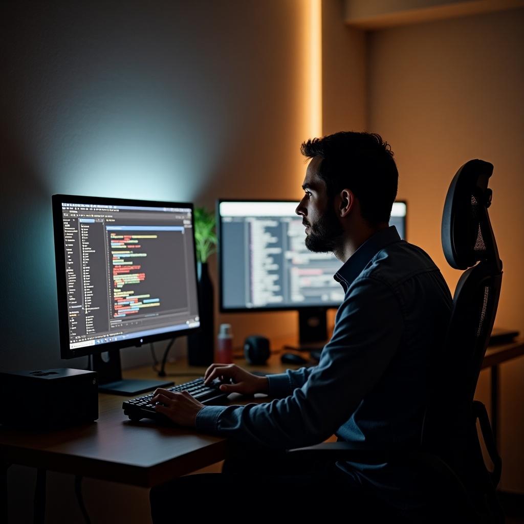 A man is sitting in front of two computer monitors, focused on coding. The room is dimly lit, with a subtle glow from the screens highlighting his profile. He is wearing a blue shirt and appears deeply engaged in his work. The setup includes a keyboard and a plant in the background. This modern workspace showcases a blend of technology and concentration, ideal for tech-related themes.