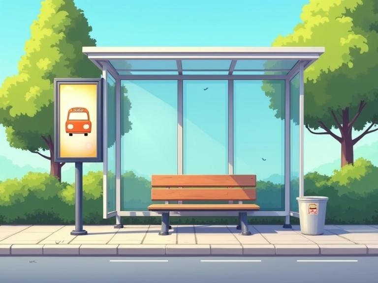 Cartoon-style bus stop in a clean and calm neighborhood. A simple shelter with a bench is visible. The bus stop has a colorful canopy roof and a standalone signpost with a bus icon. A small trash bin is nearby, with trees in the background. The scene is rendered in a bright 2D animated style.