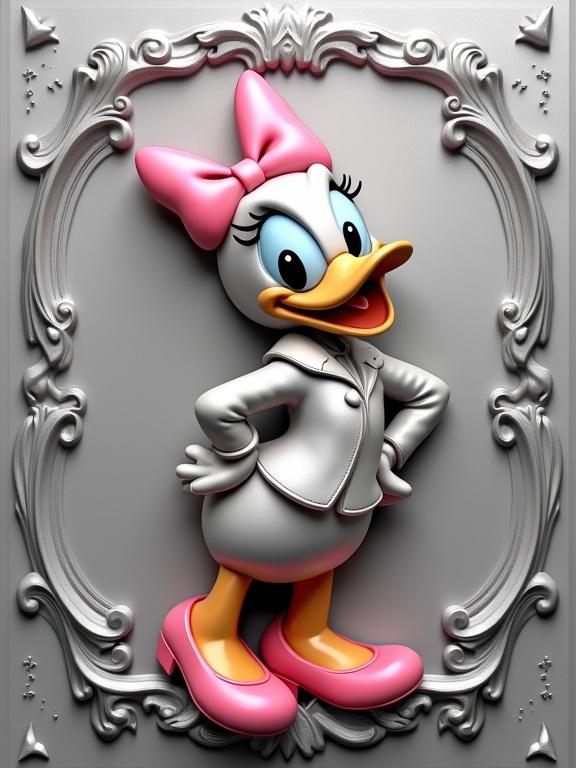 Highly detailed digital rendering of Daisy Duck in a steel relief plaque. Posed with one hand on hip and arm behind head, she wears a stylish blouse over a jacket with soft folds. Her pink bow features gentle ridges and she has bright-pink shoes with smooth contours. With a friendly expression, she looks off to the side. The brushed steel background has hearts and lace patterns. Name 'DAISY DUCK' engraved at the top in cursive letters. Centered composition with an overall playful and charming atmosphere.