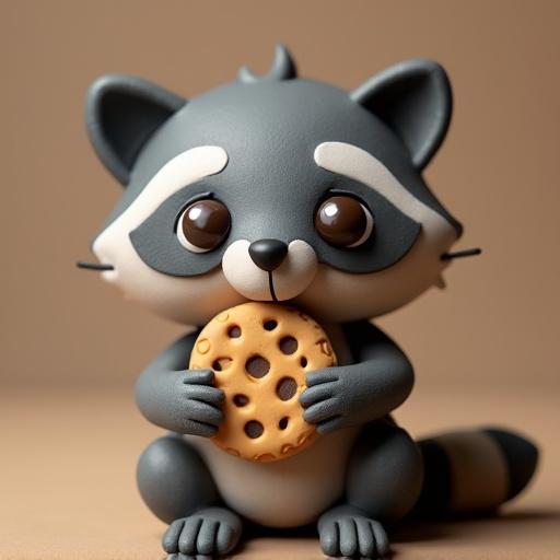 A cute clay raccoon holding a cookie with a sneaky smile.