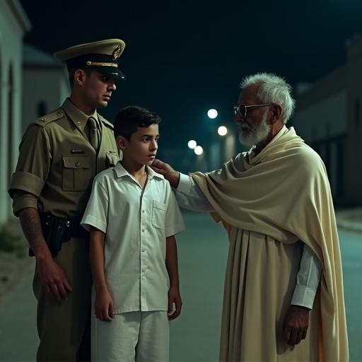 Creepy night scene with a young boy in a white uniform standing in the street. Two older figures stand beside him: a military soldier and an elderly man in a traditional cloak. They both place hands on the boy's shoulders.