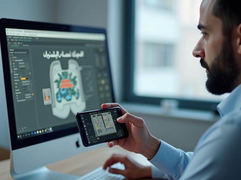 A modern and bright workspace with a man using a smartphone. The phone acts as a webcam while working on a computer. An interface of Gerber AccuScan software is visible on the computer screen. Bold Arabic text appears prominently. The scene emphasizes technology and education.