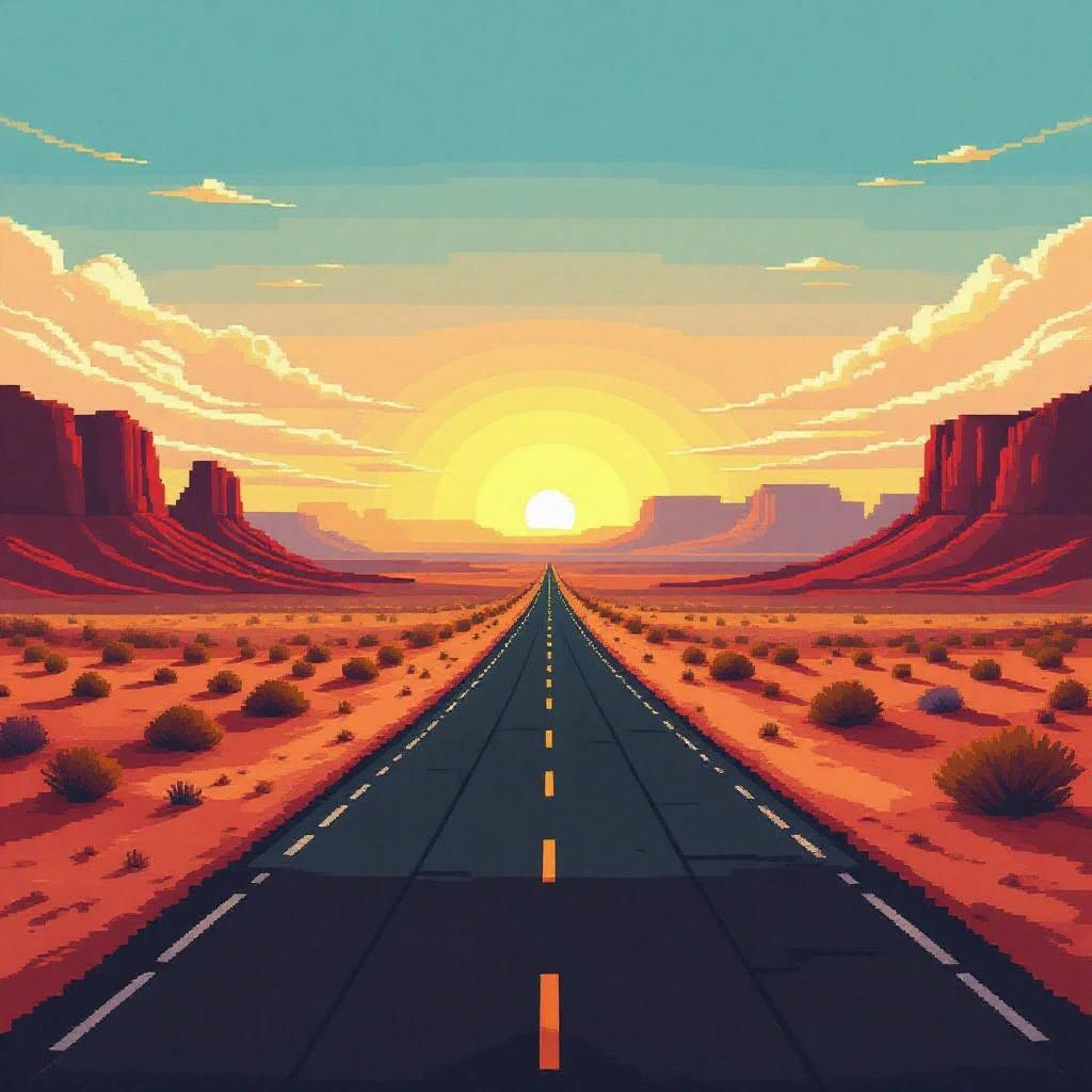 Pixel art depicting a road passing through a vast desert landscape. Desolate scenery with a low camera angle emphasizing the horizon and sunset.