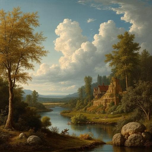 Oil painting depicting a scenic landscape with lush vegetation and a winding river. Features a distant cottage and blue skies with clouds.