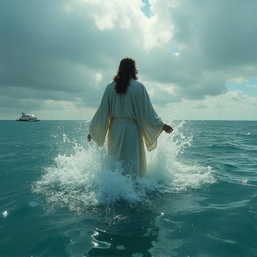 Jesus walking on water in the ocean with splashes around the feet