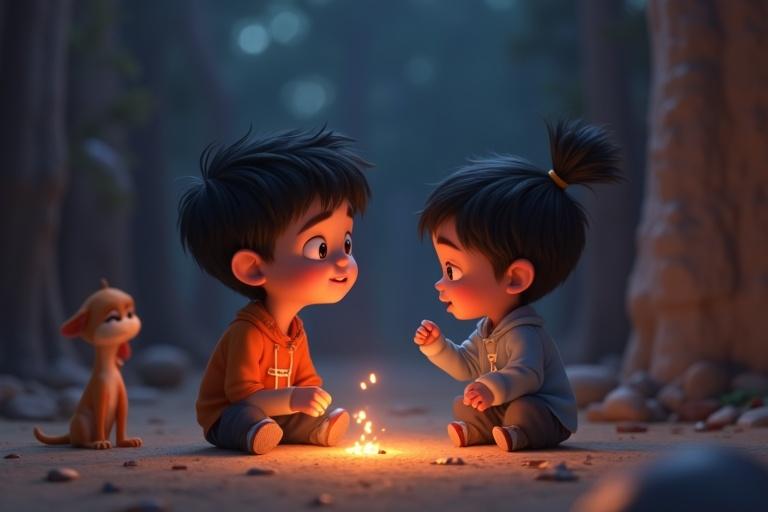 Two young children are sitting by a warm campfire in a forest. They appear happy and engaged, gazing at each other's faces and the flames. A small sad-looking dog watches them from the background.