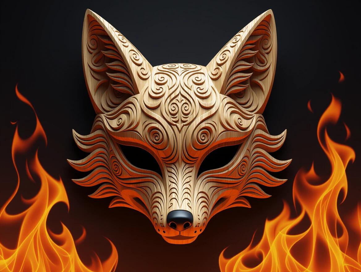 Portrait of a fox mask made of intricate carved wood. Dark flaming background. Rich tribal patterns enhance the fantasy theme. Hyper-detailed representation. Professional 3D octane rendering