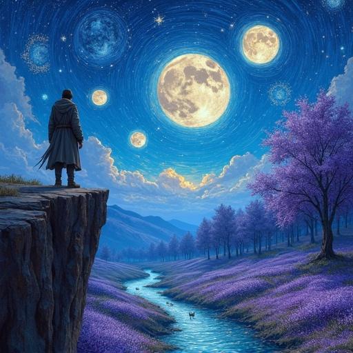 Digital painting depicts lone figure in tattered charcoal coat standing on basalt cliff. Five moons with astrological symbols float above nebulas. Turquoise river winds through valleys of glowing violet flowers and crystal trees. Textured brushstrokes and starry skies create a hyperrealistic landscape.