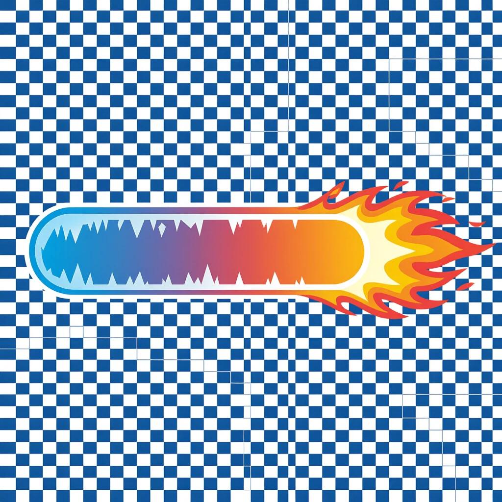 Crisp flat vector illustration of a horizontal heat indicator bar. Blue to red gradient with icy motifs on the left and fiery flames on the right. Solid colors and precise lines. Background is white or transparent. Ideal for infographics and UI elements.