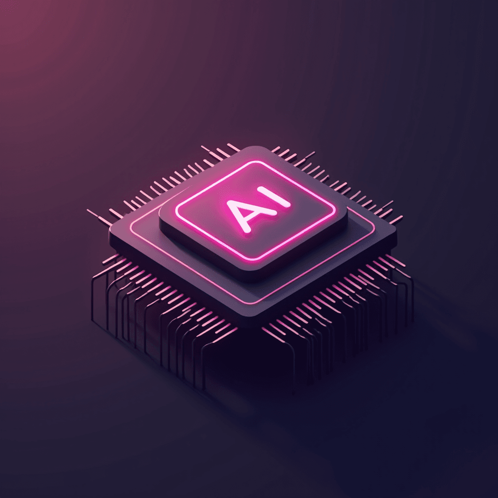 A glowing pink AI microchip depicted with intricate connectors on a dark background.