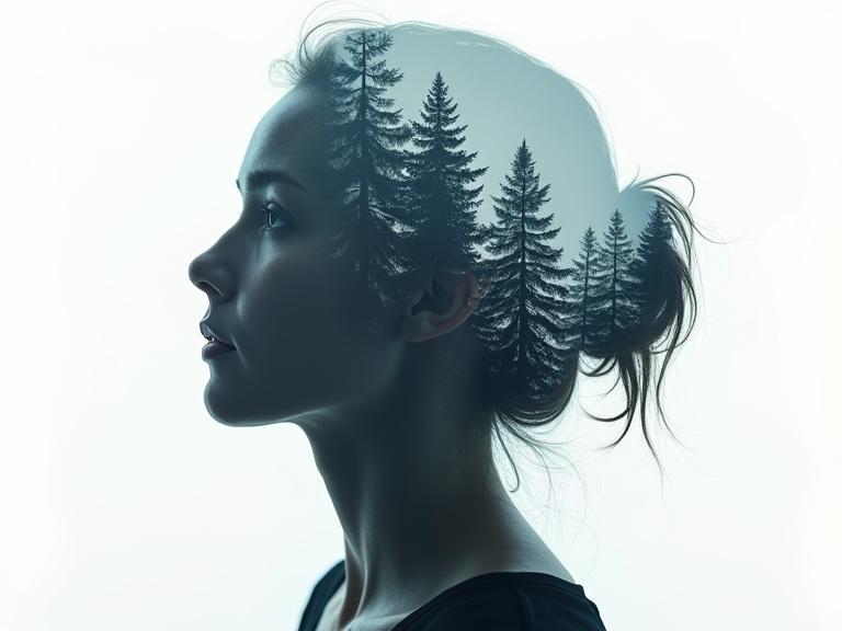 Double exposure image showing the left side silhouette of a woman's portrait with a forest of pine trees inside the silhouette