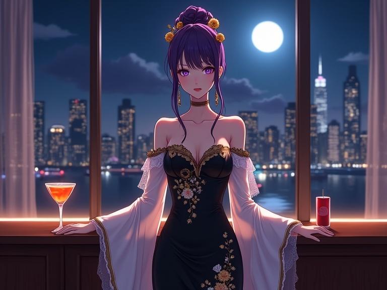 A lady stands gracefully in front of a large window inside a luxury lounge. She faces the viewer with an elegant expression. She wears a black gown with golden floral embroidery. The gown has white sheer sleeves. She has elaborately styled violet hair with gold ornaments. A cocktail sits on the bar counter. The city skyline is visible behind her.