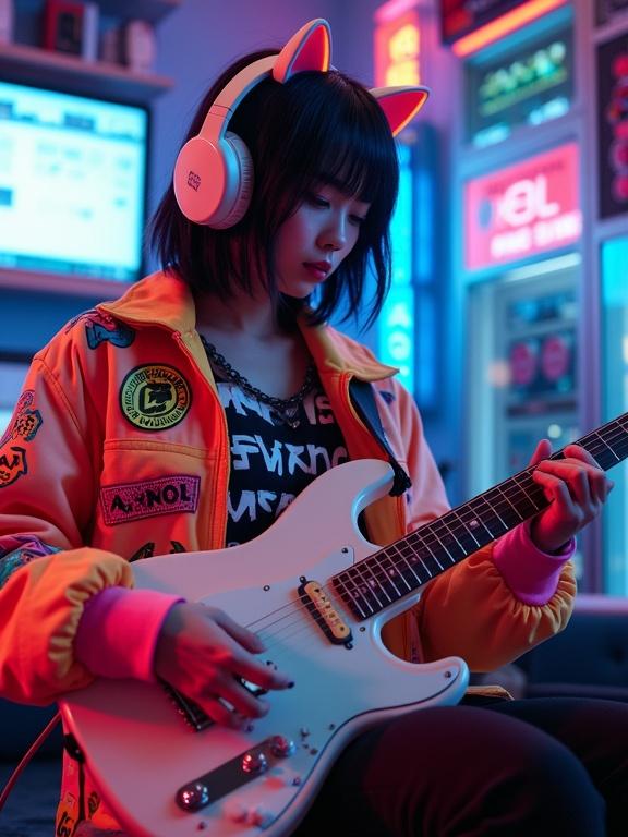 Japanese cyberpunk girl in colorful jacket plays white Fender Telecaster guitar. Glowing cat ear headphones. Room filled with music gear and neon lights. Fun and vibrant atmosphere. Futuristic theme with colorful bursts.
