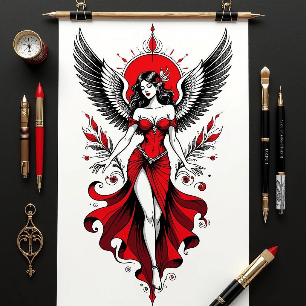 A detailed tattoo sheet features an elegant angel figure with wings. The angel is depicted in a red dress with flowing fabric. The design uses thick black lines and minimalist details. The illustration includes intricate elements around the angel, emphasizing its beauty and grace.