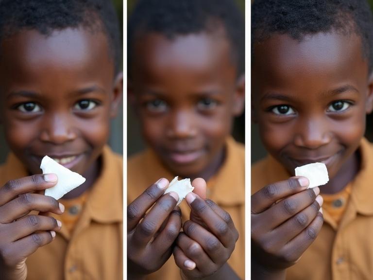 A step-by-step photographic collage of a young Nigerian boy showing how to apply a plaster to a cut on his finger. The first image demonstrates cleaning the finger with an antiseptic wipe. The second image shows peeling the backing off a plaster. The third image illustrates applying the plaster to the cut, focusing on hygiene and care.