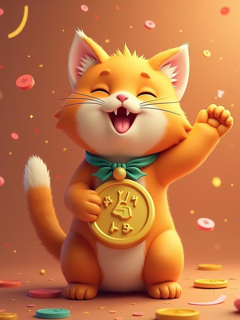 Orange cat is celebrating while holding a golden coin. The cat has an animated and joyful expression. Confetti is scattered in the background.