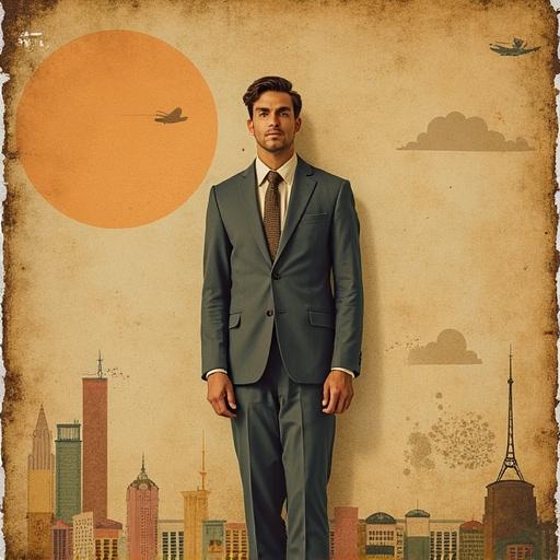 Artwork features a man standing in a suit with notable eyes. Background is vintage with flat colors and has an ancient manuscript appearance. No contemporary elements. The scene has muted textures and muted colors.