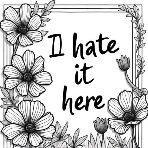 A black and white coloring book page featuring flowers surrounding the text 'I hate it here'.