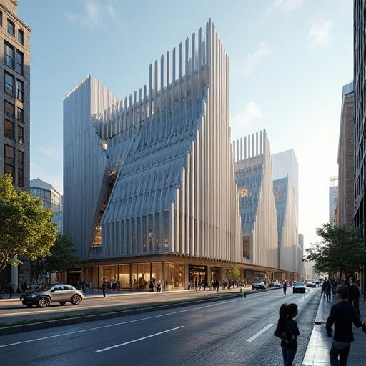 Frontal view of modern architecture in city. Contemporary buildings with unique design. Busy urban street with pedestrians and vehicles. Warm light enhancing details of the structure.
