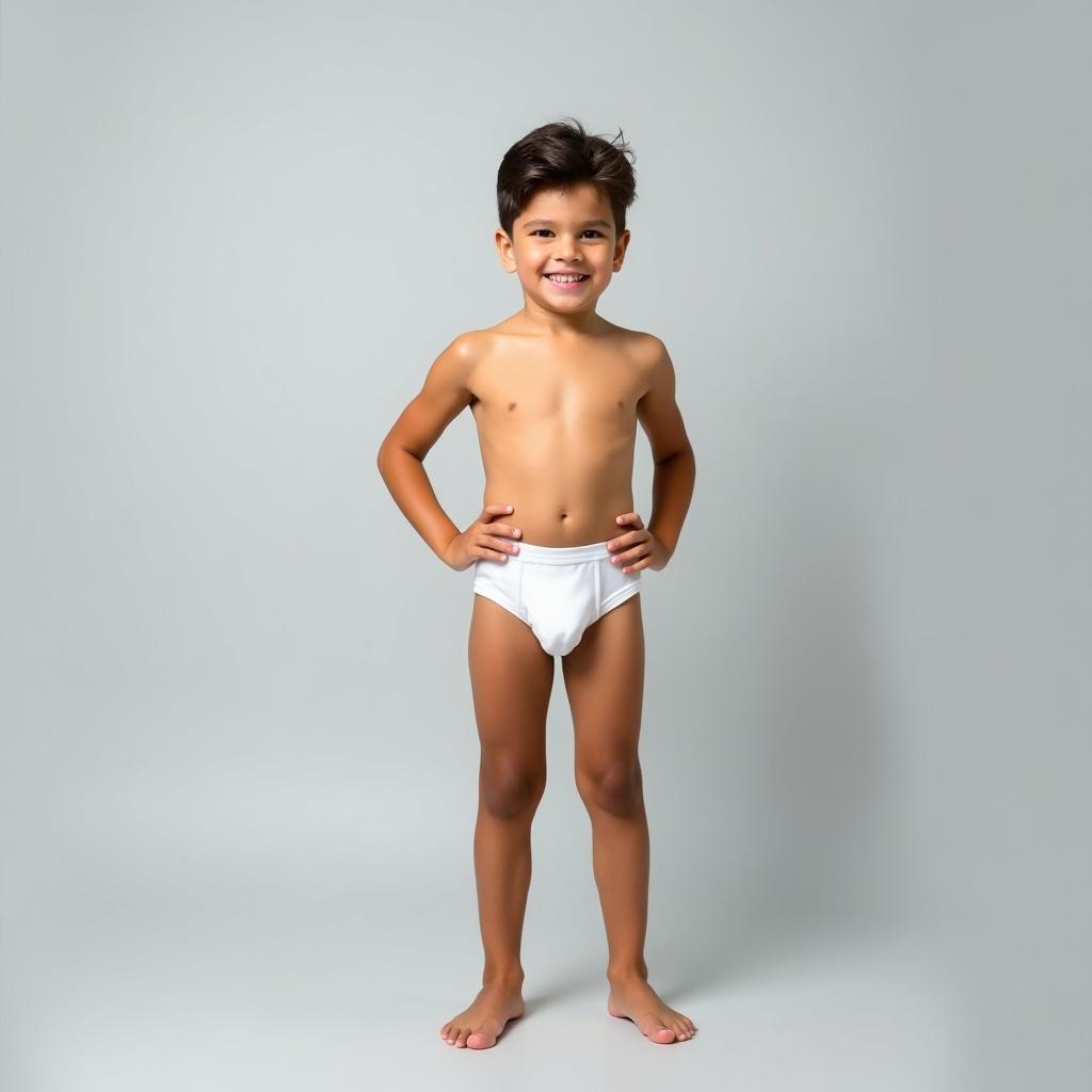 Image of a young boy standing barefoot. Background is light gray. Wearing white underwear. Exhibiting a calm smile. Pose is relaxed yet confident. Soft, even lighting creates serenity. Minimalistic style emphasizes the subject.