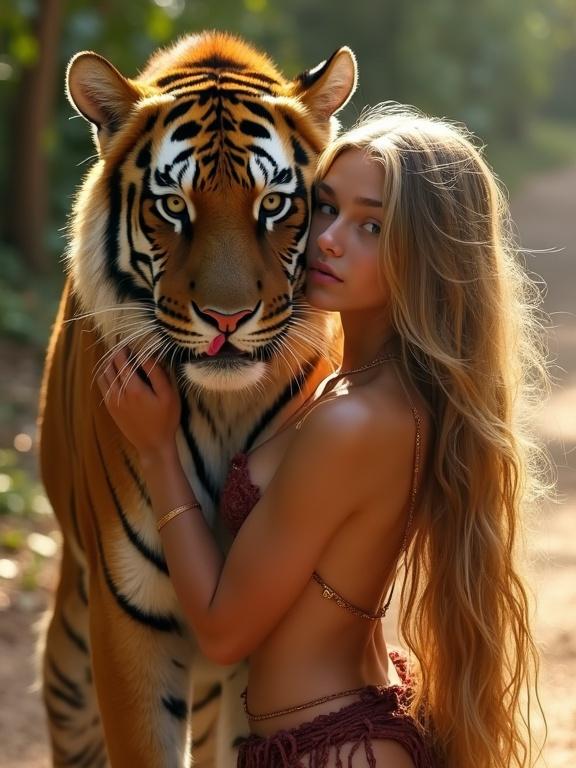Close up hyperrealistic photo of a young woman with long blonde hair hugging a friendly tiger on a dirt road. The tiger is licking her wounded shoulder. Intimate connection between subjects. Cinematic lighting enhances the scene.