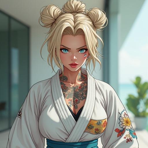 Anime character training in taekwondo. Woman, serious expression. Modern and edgy gi. Futuristic dojo surroundings. Light blue eyes and oversized bun. Colorful tattoos. Muscular build. Miami spring morning ambiance.