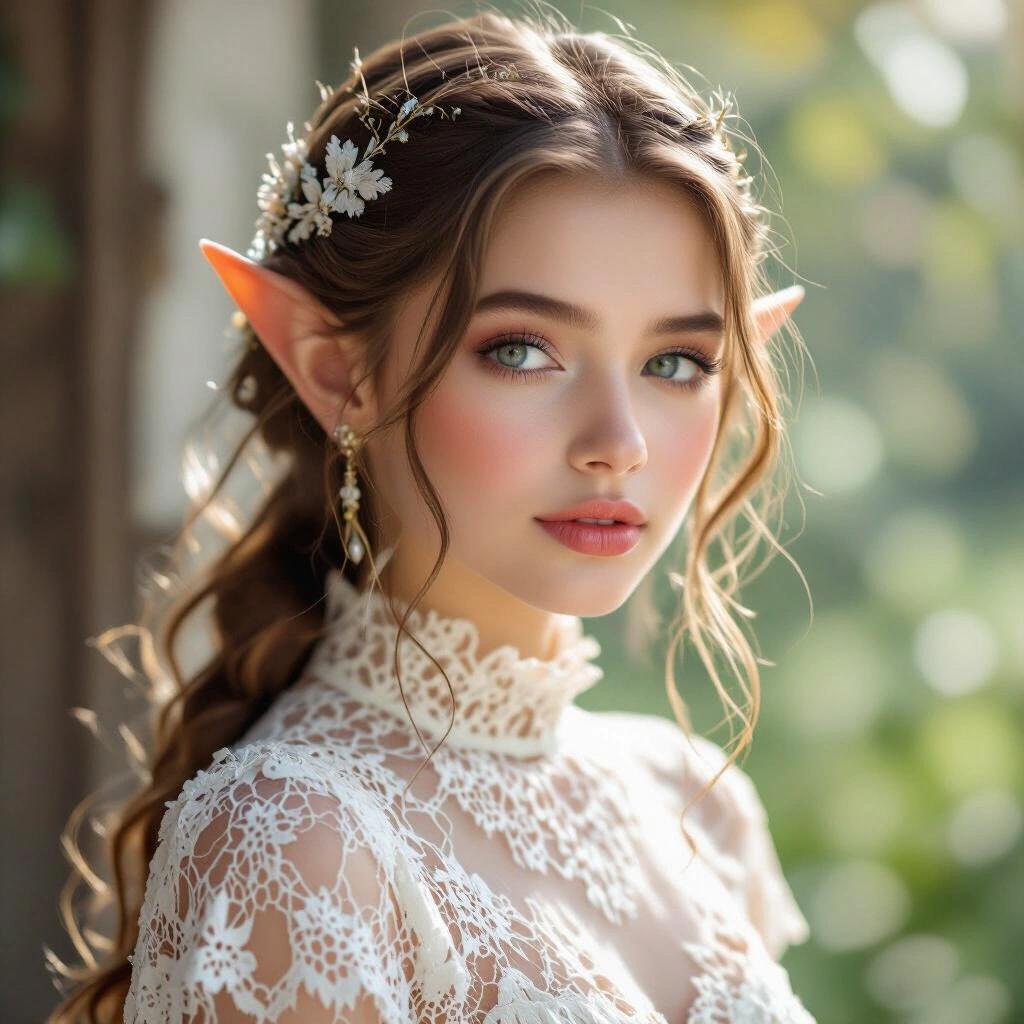 Ultra-realistic image features a beautiful elf girl with pointed ears and long hair. She wears a lace dress adorned with flowers. The lighting is soft and natural, creating a dreamy effect. The background is blurred to emphasize the subject.