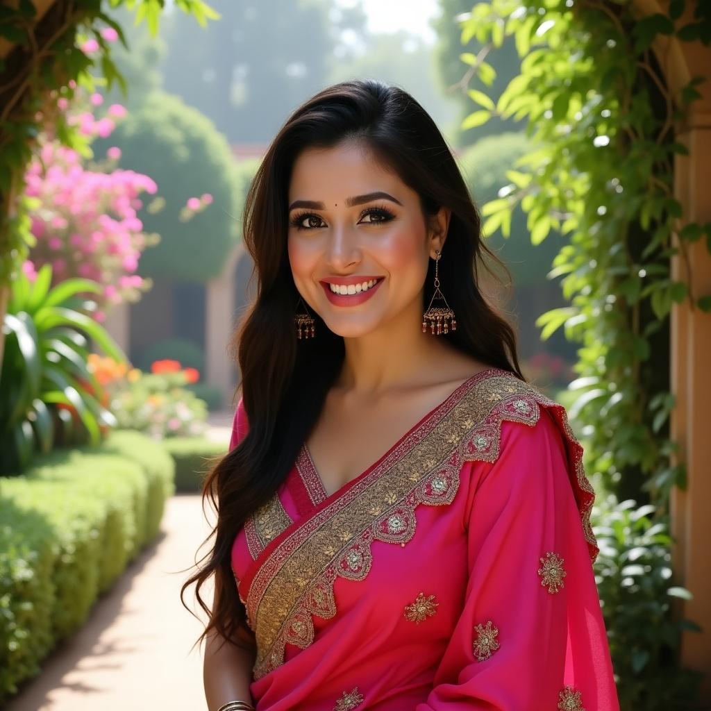 A woman wearing a vibrant pink traditional outfit with intricate designs stands gracefully in a lush garden. The background features beautifully manicured hedges and greenery. Natural sunlight enhances the scene creating a warm and inviting atmosphere.