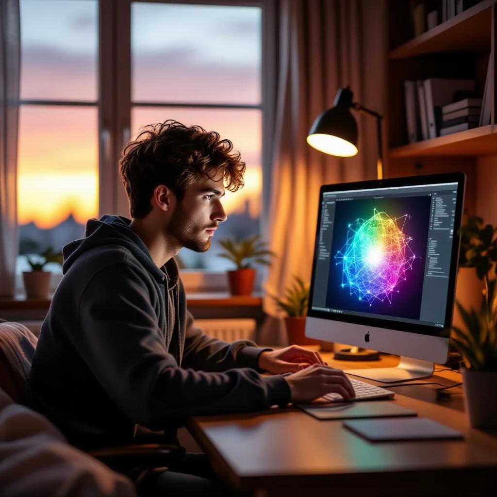Photorealistic image of male university student in 20s at wooden desk in dorm room. Sunset light enters through window. Desk lamp also lights the scene. Student looks closely at sleek screen showing colorful AI-generated mind map. Eyes reflect awe and concentration. Soft-focus background, sharp focus on screen.