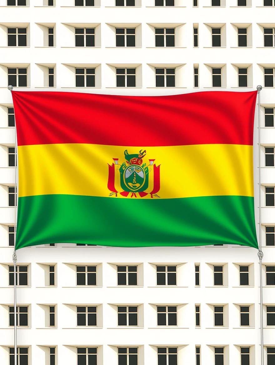 A three-color flag with red on top yellow in the middle and green on the bottom. Flag features the emblem of Bolivia in the center. Background consists of a modern building facade with square windows.