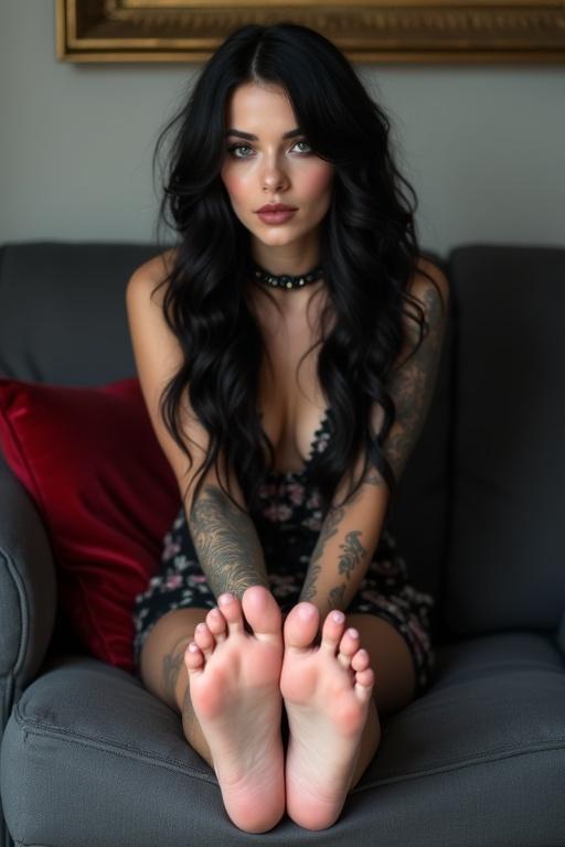 Goth woman with colorful long hair wearing pretty makeup. Sitting stylishly on a couch. Clean bare feet on cushion. Displaying toe rings and anklets. Captured in a chic living room.