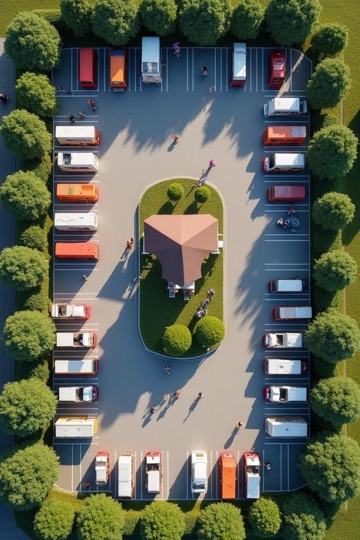 Aerial view of a trapezium-shaped parking lot filled with food trucks. Forty-four trucks parked upright in designated spots. A gazebo stands in the center surrounded by a green hedge. Pedestrians visible around the area.