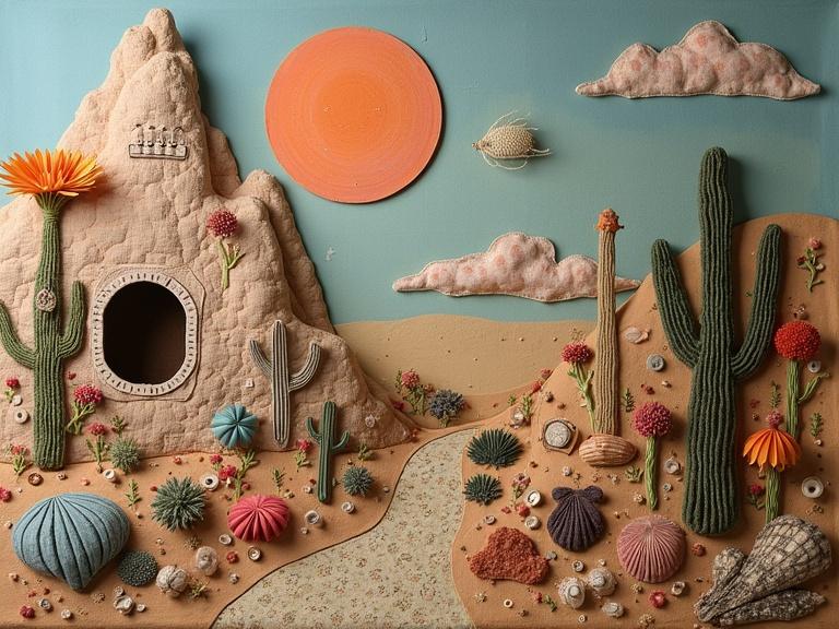 3D desertscape made from fabric, dried flowers, buttons, shells, threads, yarns, encaustic wax, and oil. Features a textured mountain, cacti, various colors, and intricate details.