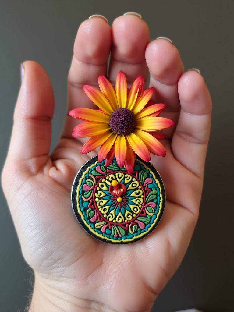 Hand holds colorful flower and ornate object. Object displays intricate floral design with swirls. Flower exhibits bright petals. Background is plain and subtle.