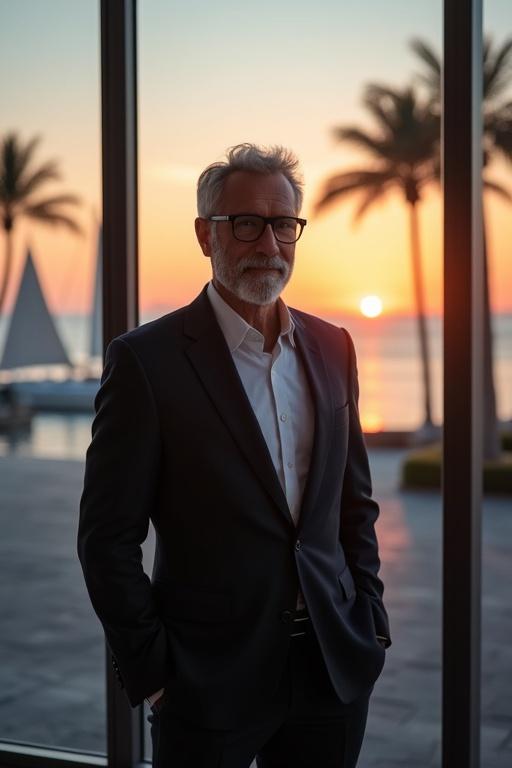 Attractive salt and pepper businessman stands in front of large windows. The view includes an ocean, palm trees, and sailboats. The sunset creates vibrant colors. The office interior is modern with stylish furnishings. The man wears black rimmed glasses and a suit without a tie. He appears confident with a subtle smile. Includes office workers in the background.