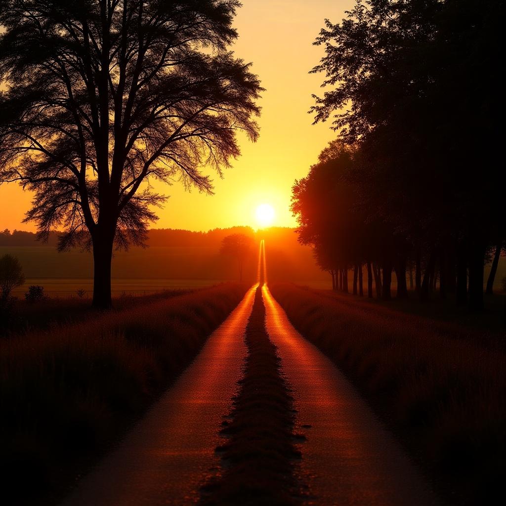 A serene rural path bathed in the golden light of a setting sun, bordered by trees and verdant fields. The path stretches towards the horizon, guiding the viewer's gaze to the sun as it descends. Rich tones of red and black accentuate the peaceful atmosphere. The surrounding trees form a natural frame, enhancing the sense of tranquility. This picturesque scene captures the essence of a quiet evening in the countryside.