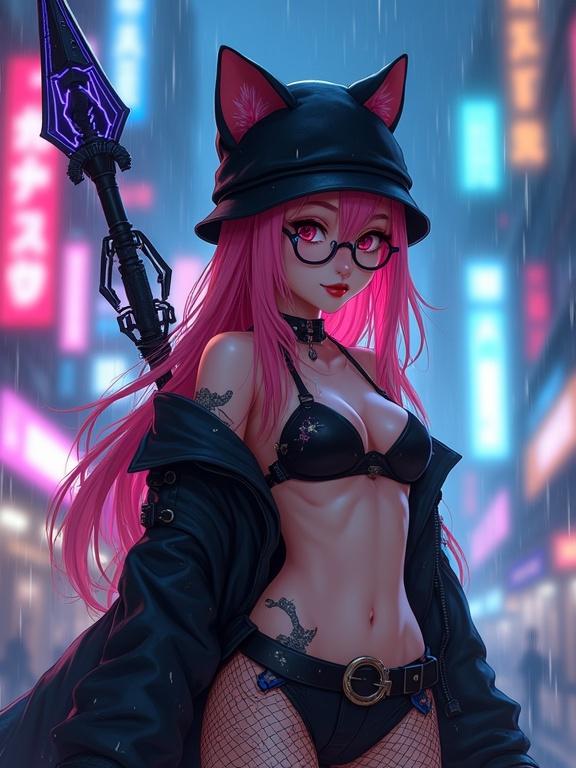 female warrior with pink hair in a winter hat and black cat ears wearing a leather jacket and bikini style clothing. Background has futuristic cityscape with glowing neon signs. Character shows realistic features with cybernetic tattoos and a glaive with glowing circuits. Atmosphere is rainy. Focus on the character's cute face and details.