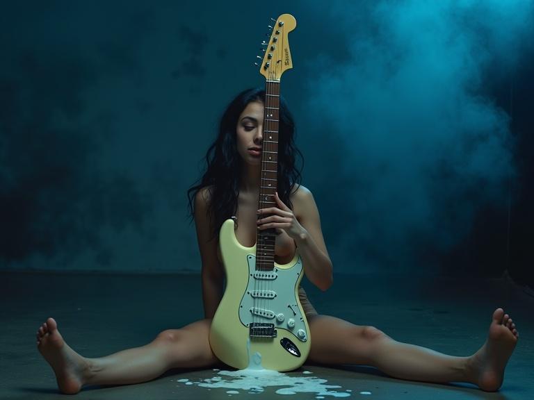 A young woman sits on the floor in a dimly lit studio. She holds a cream electric guitar in front of her body. Her long black hair falls around her shoulders. She appears playful and introspective. The background is smoky with bluish tones, enhancing the artistic atmosphere. Soft lighting creates dramatic shadows.