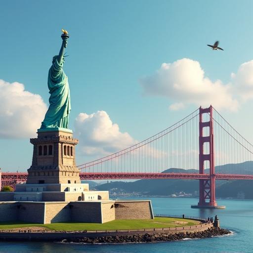 A photorealistic landscape featuring the Statue of Liberty and Golden Gate Bridge in one scene. Beautiful sky with clouds. Calm waters in the foreground. Ideal for travel promotion and educational use.
