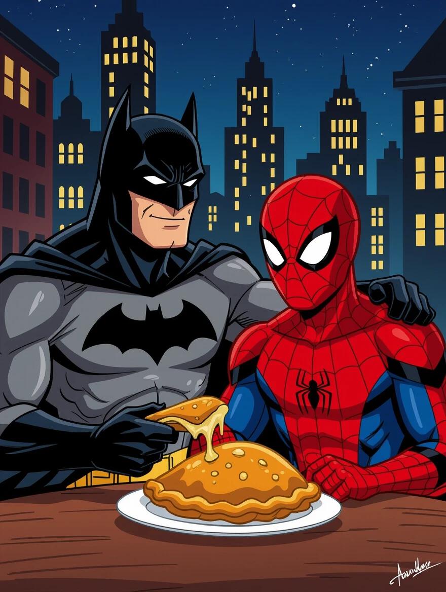 Batman and Spider-Man are sharing a pastry together. This is a fun moment between superheroes.