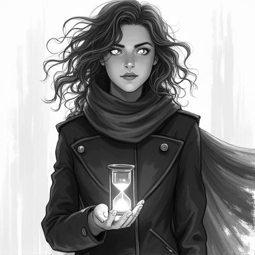 Lyra in a dark coat and scarf holding an hourglass. She has white eyes and a serious expression. She does not wear a costume. The illustration is black and white, with a sketch design. Her presence conveys calmness and depth.
