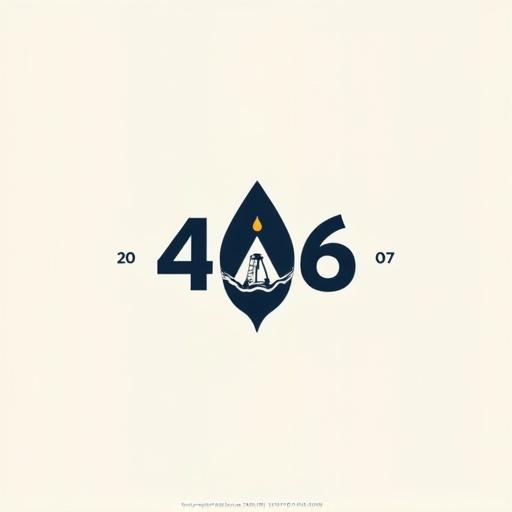 Design a modern logo for a private oil and gas startup called 406 Energy. Symbolic elements include an oil droplet, mountain silhouette, and pump jack. Use strong typography and integrate the number 406. Color palette is neutral with hints of red or blue. Focus on boldness and natural resources.